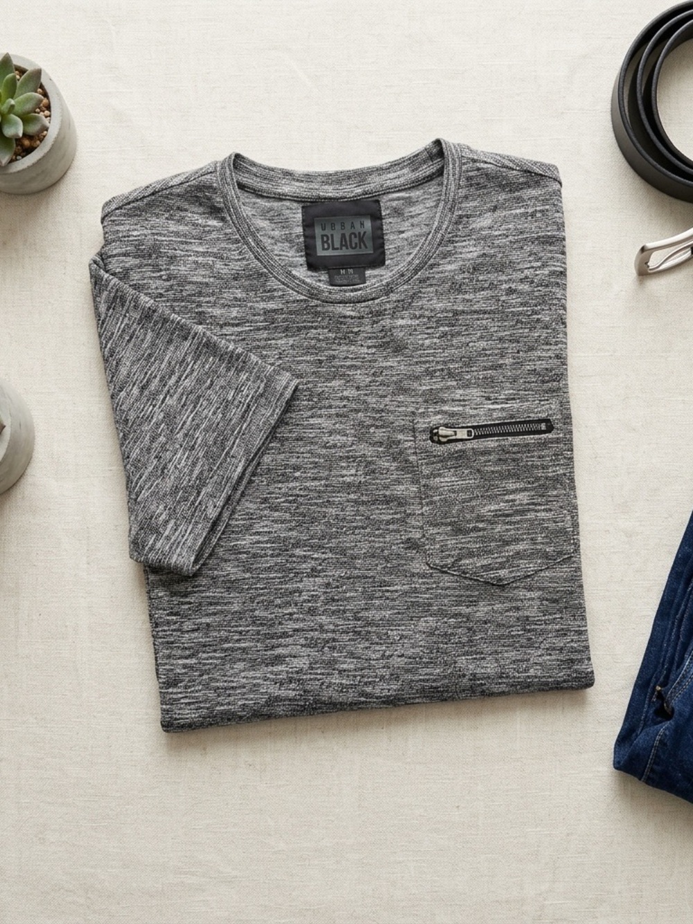 Urban Black Heather Gray Curved Hem Zip Pocket Tee Mens Medium